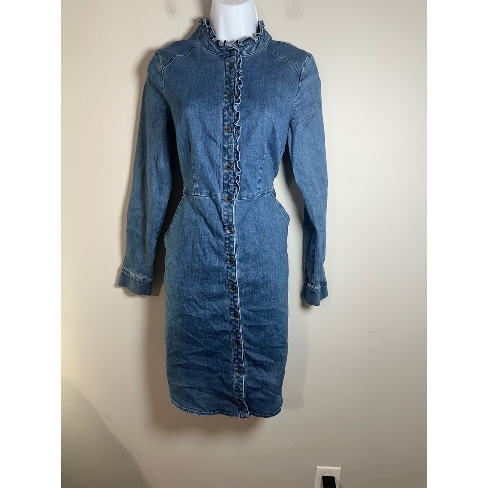 Boden Womens Blue Denim Ruffle Neck Button Front Long Sleeve Shirt Dress US 4R - Picture 2 of 9